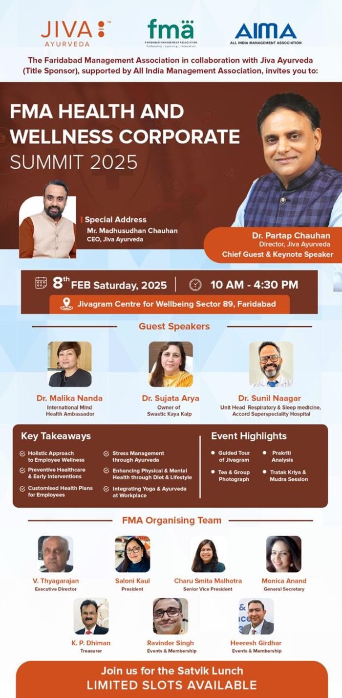 FMA in association with JIVA Ayurveda supported by AIMA invites you to the FMA’s flagship Health and Wellness Summit.